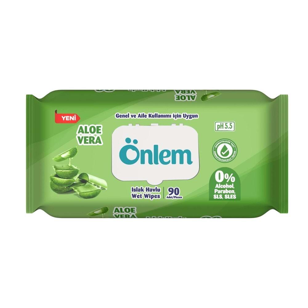 Önlem Islak Havlu Mendil 90 Yaprak Aloe Vera Plastik Kapaklı (12 Li Set) (1080 Yaprak)