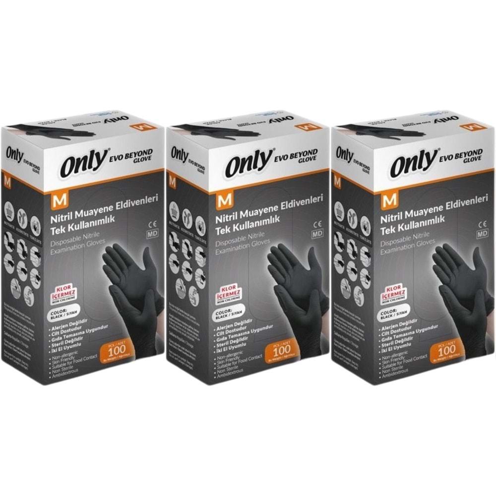 Only Evo Beyond Glove Nitril Siyah Pudrasız Muayene Eldiveni 300 Lü Set M - Medium - Orta (3PK*100)