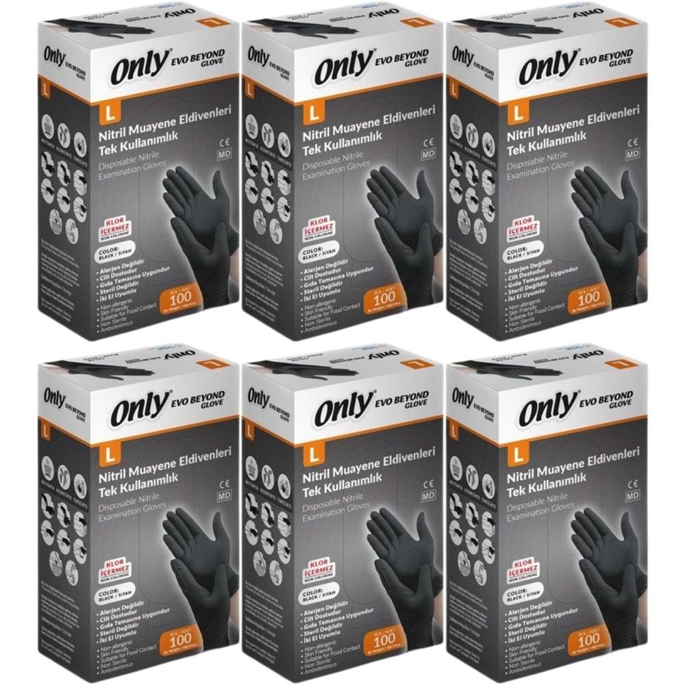 Only Evo Beyond Glove Nitril Siyah Pudrasız Muayene Eldiveni 600 Lü Set L - Large - Büyük (6PK*100)