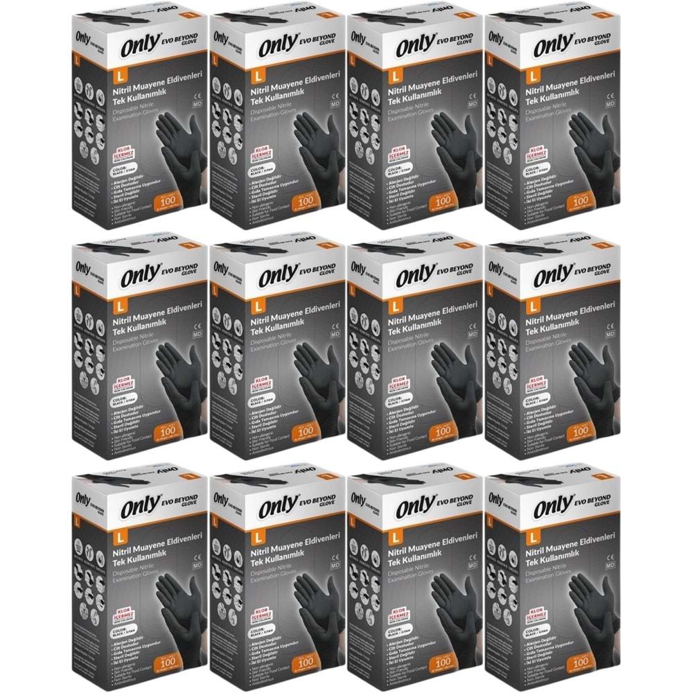 Only Evo Beyond Glove Nitril Siyah Pudrasız Muayene Eldiveni 1200 Lü Set L- Large - Büyük (12PK*100)
