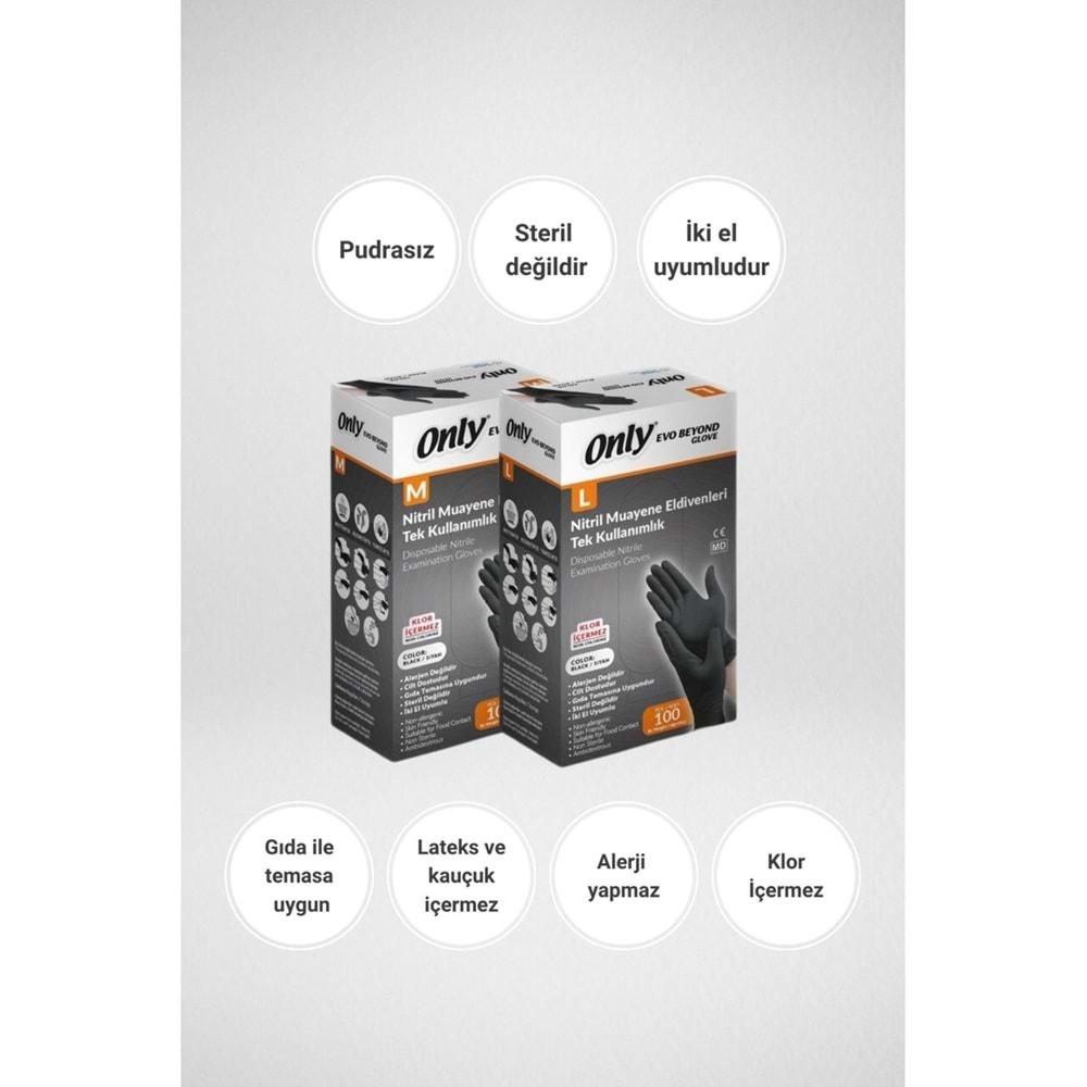 Only Evo Beyond Glove Nitril Siyah Pudrasız Muayene Eldiveni 1200 Lü Set L- Large - Büyük (12PK*100)