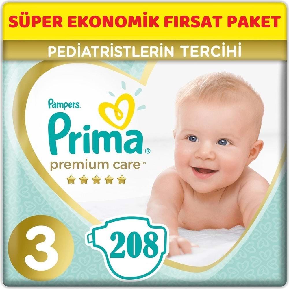 Prima Premium Care Bebek Bezi Beden:3 (6-10Kg) Midi 208 Adet Süper Ekonomik Fırsat Pk