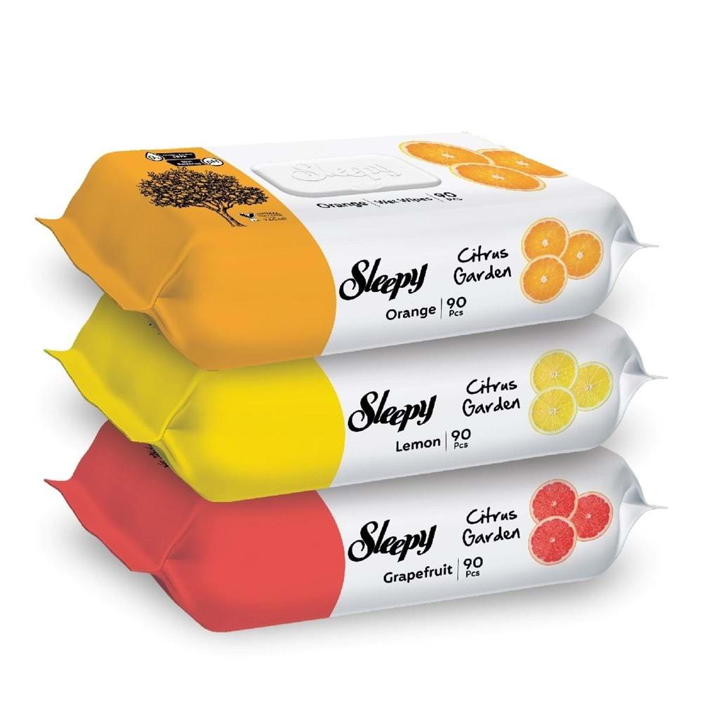 Sleepy Islak Havlu Mendil Meyve Çeşitleri 90 Yaprak (9 Lu Set) Plastik Kapaklı (Citrus Garden)