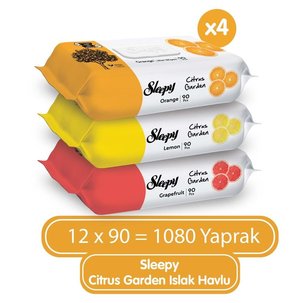 Sleepy Islak Havlu Mendil Meyve Çeşitleri 90 Yaprak (9 Lu Set) Plastik Kapaklı (Citrus Garden)