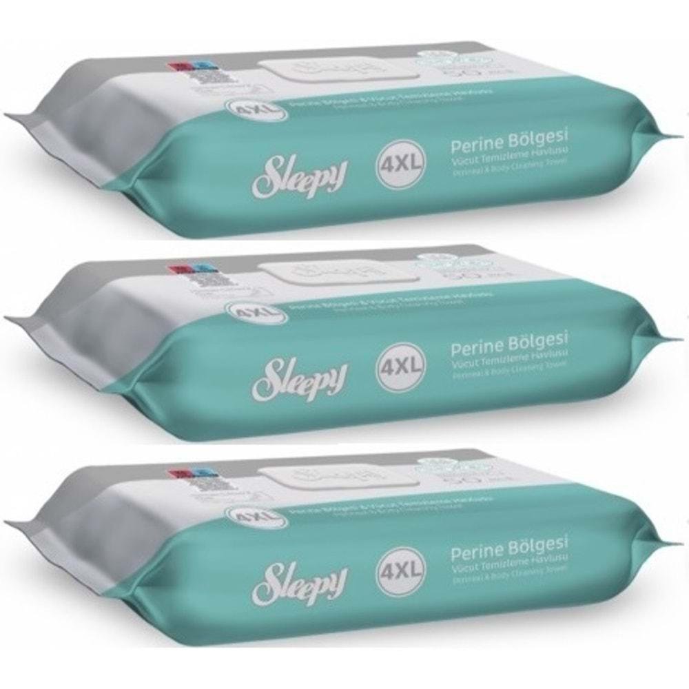 Sleepy Perine Bölgesi ve Vücut Temizleme Islak Mendil Havlu 50 Yaprak (Ebat 4XL) (3 Lü Set)