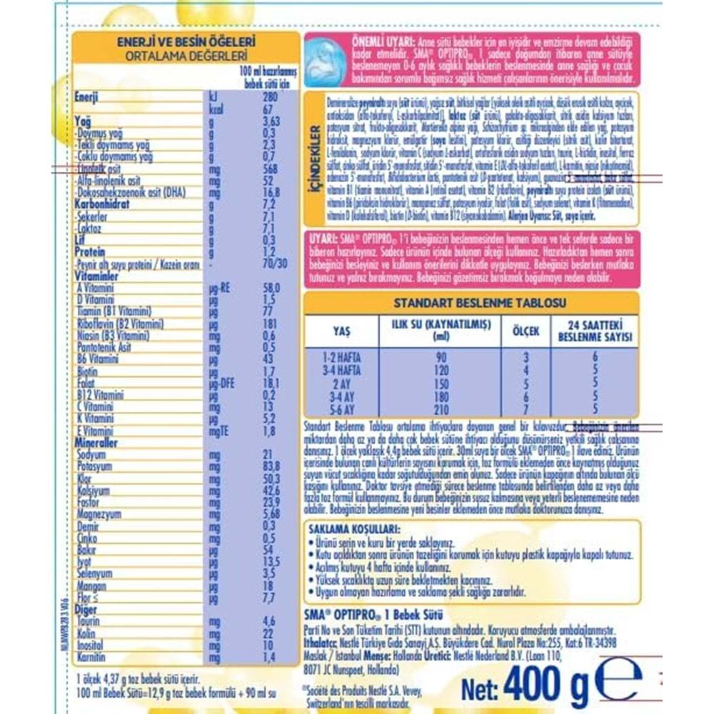 Sma Optipro 400GR No:1 Bebek Sütü (0-6 Ay) (2 Li Set)