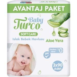 Baby Turco Islak Havlu Mendil Soft Care Aloe Vera 90 Yaprak (3 Lü Pk) 270 Yaprak Plastik Kapaklı