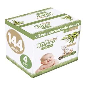 Baby Turco Bebek Bezi Doğadan Beden:4 (8-14Kg) Maxi 144 Adet Süper Ekonomik Pk