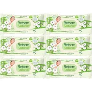 Bebem Natural Islak Bebek Mendili Narin Dokunuş / Yenidoğan 90 Yaprak Plastik Kapaklı 6 Lı Set