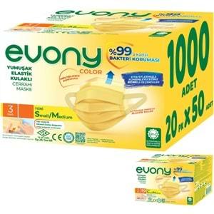 Evony 3 Katlı Filtreli Burun Telli Cerrahi Maske 1000 Li Set Small/Medium Sarı 160*90MM (20PK*50)