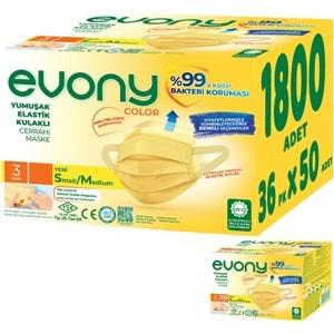 Evony 3 Katlı Filtreli Burun Telli Cerrahi Maske 1800 Lü Set Small/Medium Sarı 160*90MM (36PK*50)