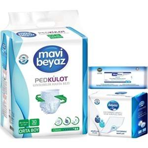 Mavi Beyaz Ped Emici Külot Hasta Bezi M 30 Adet + Yatak Koruyucu 30 Adet + Temizleme Havlusu 1 Pk