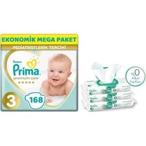 Prima Premium Care Bebek Bezi Beden:3 (6-10Kg) Midi 168 Adet Ekonomik Mega Pk + 3 Adet Mendil
