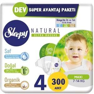 Sleepy Bebek Bezi Naturel Beden:4 (7-14Kg) Maxi 300 Adet 2 Li Jumbo Pk Serisi (5 Li Set)
