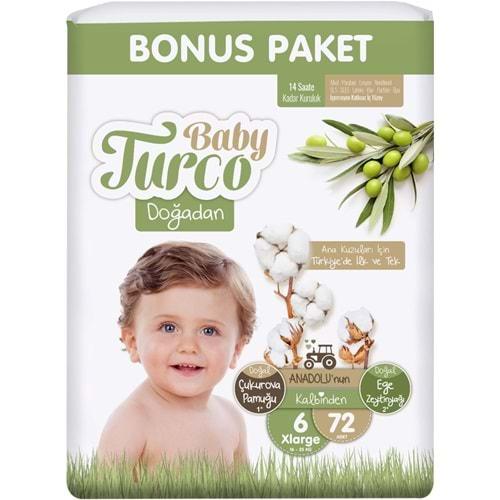 Baby Turco Bebek Bezi Doğadan 6 Beden 16-25 KG XLarge 72 Adet Bonus Pk
