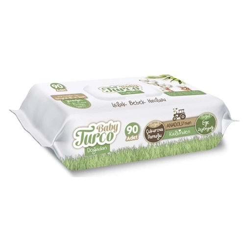 Baby Turco Islak Havlu Mendil Yenidoğan 90 Yaprak Doğadan Plastik Kapaklı Tekli Pk