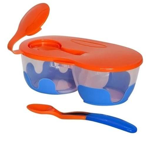 Bebedor İki Bölmeli Tabak ve Kaşık Seti (Kod:8559) - Turuncu-Mavi