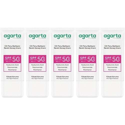 Agarta Cilt Tonu Eşitleyici Renkli Kapatıcı Etkili Spf+50 Faktör Güneş Kremi 50 ML (5 Li Set)