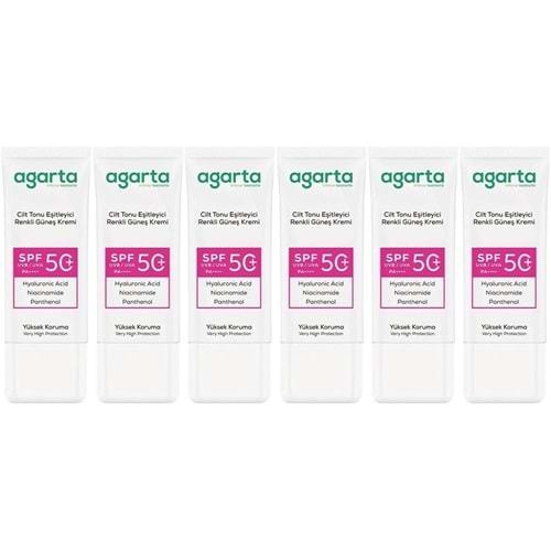 Agarta Cilt Tonu Eşitleyici Renkli Kapatıcı Etkili Spf+50 Faktör Güneş Kremi 50 ML (6 Lı Set)