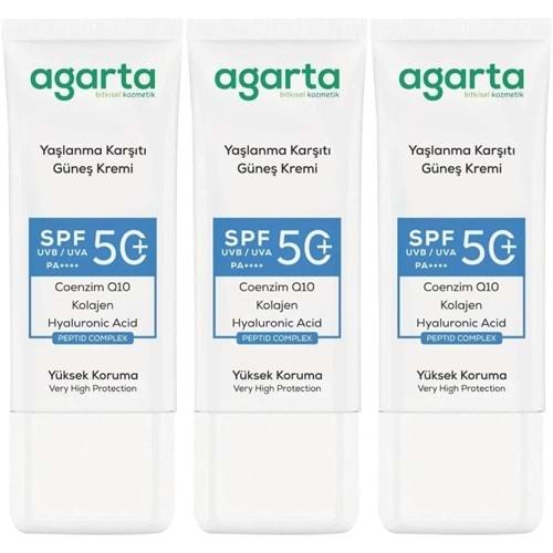 Agarta Yaşlanma Karşıtı Collagen Destekli Spf+50 Faktör Yüz Güneş Kremi 50 ML (3 Lü Set)