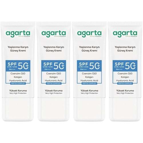 Agarta Yaşlanma Karşıtı Collagen Destekli Spf+50 Faktör Yüz Güneş Kremi 50 ML (4 Lü Set)