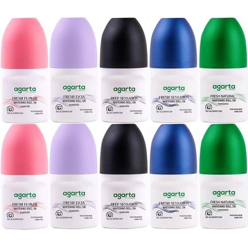 Agarta Roll-On Kadın 50 ML (Fresh Flower-Lycıa-Patchoulı Deep-Sensatıon-Natural) (10 Lu Karma Set)