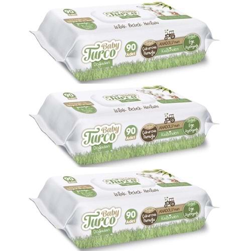 Baby Turco Islak Havlu Mendil Yenidoğan 90 Yaprak Doğadan 3 Lü Set 270 Yaprak Plastik Kapaklı