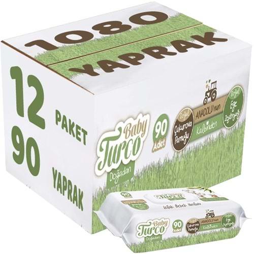 Baby Turco Islak Havlu Mendil Yenidoğan 90 Yaprak Doğadan 12 Li Set 1080 Yaprak Plastik Kapaklı