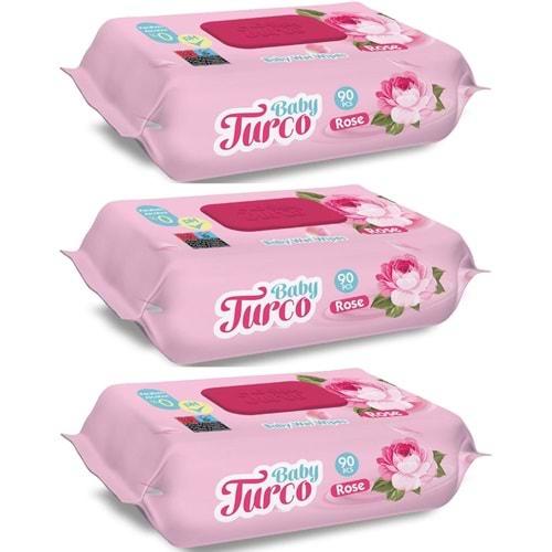Baby Turco Islak Havlu Mendil 90 Yaprak Gül/Rose 3 Lü Set 270 Yaprak Plastik Kapaklı