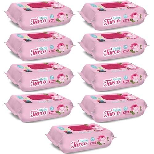 Baby Turco Islak Havlu Mendil 90 Yaprak Gül/Rose 9 Lu Set 810 Yaprak Plastik Kapaklı