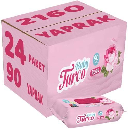 Baby Turco Islak Havlu Mendil 90 Yaprak Gül/Rose 24 Lü Set 2160 Yaprak Plastik Kapaklı
