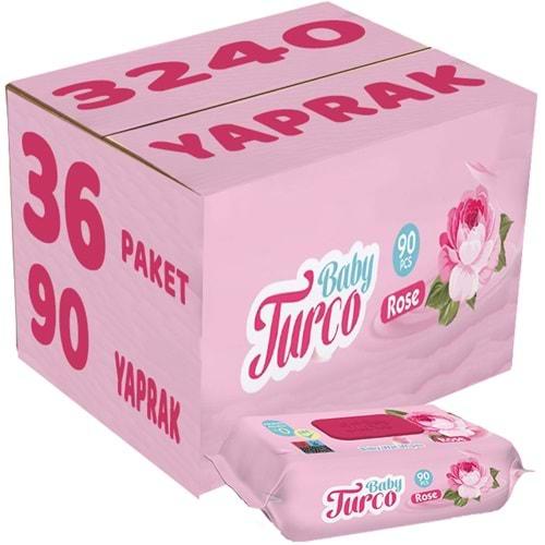 Baby Turco Islak Havlu Mendil 90 Yaprak Gül/Rose 36 Lı Set 3240 Yaprak Plastik Kapaklı
