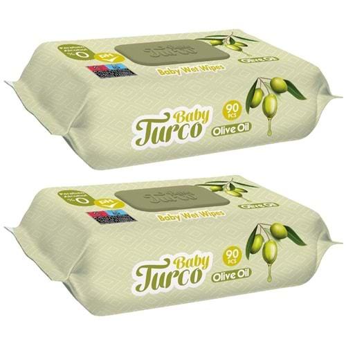 Baby Turco Islak Havlu Mendil 90 Yaprak Zeytinyağlı 2 Li Set 180 Yaprak Plastik Kapaklı