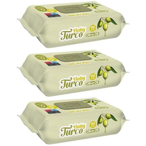 Baby Turco Islak Havlu Mendil 90 Yaprak Zeytinyağlı 3 Lü Set 270 Yaprak Plastik Kapaklı