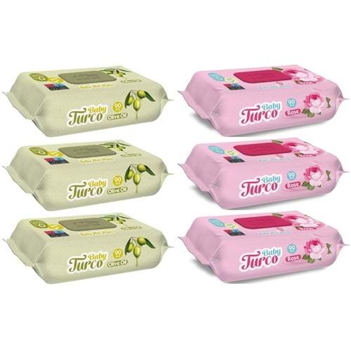 Baby Turco Islak Havlu Mendil 90 Yaprak Karma 6 Lı Set (Gül/Zeytinyağı) 540 Yaprak Plastik Kapaklı