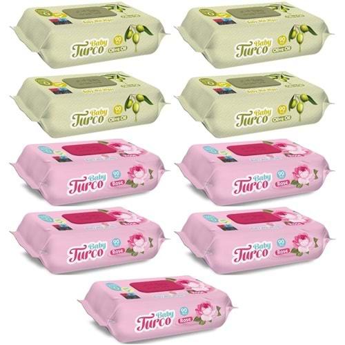 Baby Turco Islak Havlu Mendil 90 Yaprak Karma 9 Lu Set (Gül/Zeytinyağı) 810 Yaprak Plastik Kapaklı