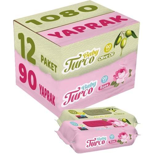 Baby Turco Islak Havlu Mendil 90 Yaprak Karma 12 Li Set (Gül/Zeytinyağı) 1080 Yaprak Plastik Kapaklı