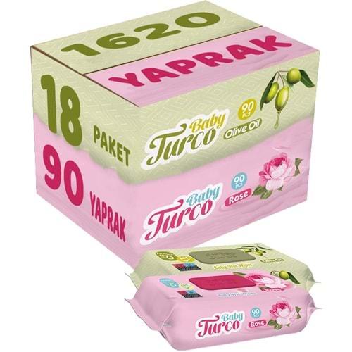 Baby Turco Islak Havlu Mendil 90 Yaprak Karma 18 Li Set (Gül/Zeytinyağı) 1620 Yaprak Plastik Kapaklı
