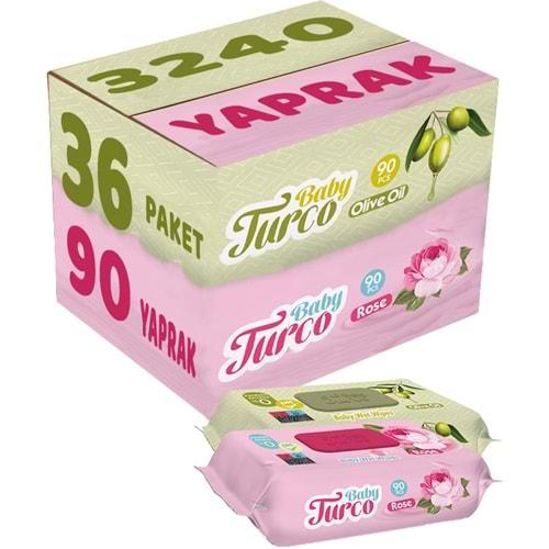 Baby Turco Islak Havlu Mendil 90 Yaprak Karma 36 Lı Set (Gül/Zeytinyağı) 3240 Yaprak Plastik Kapaklı