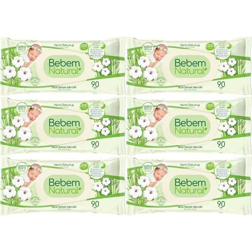 Bebem Natural Islak Bebek Mendili Narin Dokunuş / Yenidoğan 90 Yaprak Plastik Kapaklı 6 Lı Set