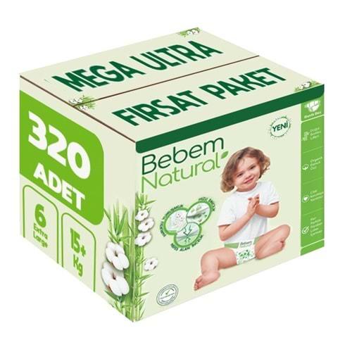 Bebem Bebek Bezi Natural Beden:6 (15+Kg) Extra Large 320 Adet Mega Ultra Fırsat Pk