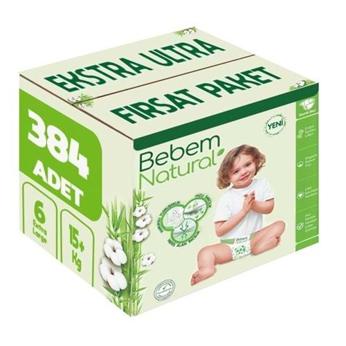 Bebem Bebek Bezi Natural Beden:6 (15+Kg) Extra Large 384 Adet Ekstra Ultra Fırsat Pk