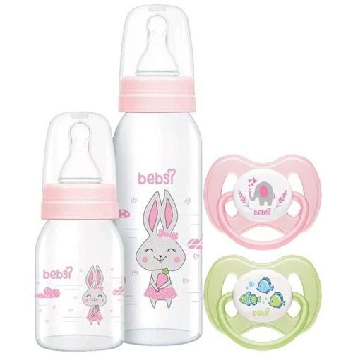 Bebsi Cam Biberon Seti Pembe (250ML+125ML)+Emzik Ortodontik Damaklı Kelebek No:1 (2 Li PK) 4 Lü Set
