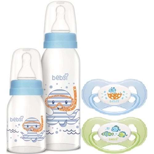 Bebsi Cam Biberon Seti Mavi (250ML+125ML)+Emzik Ortodontik Damaklı Kelebek No:1 (2 Li PK) 4 Lü Set