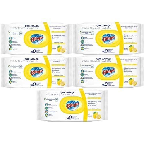 Bingo Clean Yüzey Temizlik Havlusu 96 Yaprak Limon Kokulu Plastik Kapaklı (5 Li Set) 480 Yaprak