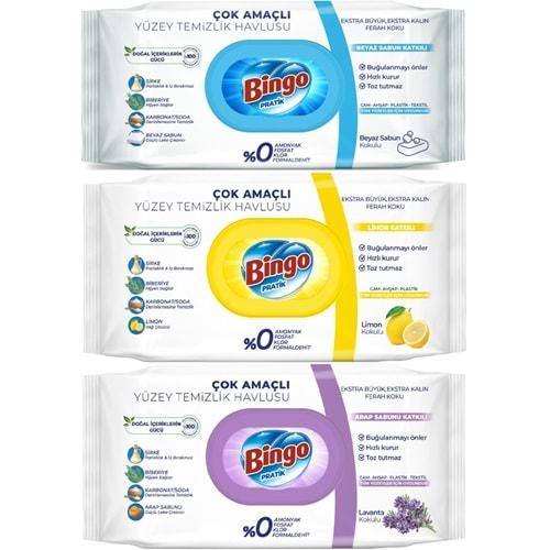 Bingo Clean Yüzey Temizlik Havlusu (Karma 3 Lü Set) (Beyaz Sabun/Limon Kokulu/Lavanta Kokulu)