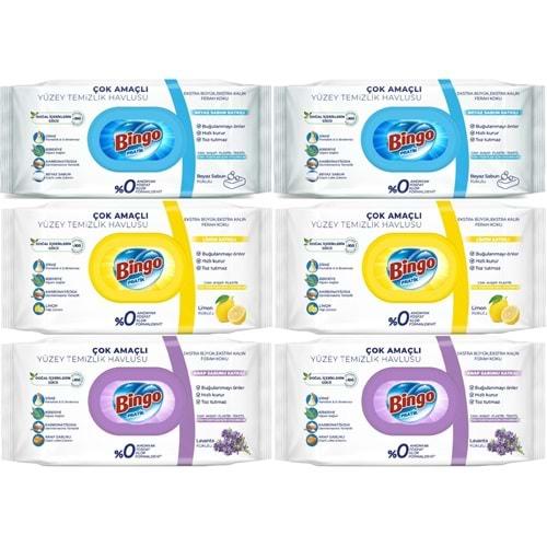 Bingo Clean Yüzey Temizlik Havlusu (Karma 6 Lı Set) (Beyaz Sabun/Limon Kokulu/Lavanta Kokulu)
