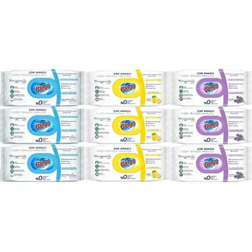 Bingo Clean Yüzey Temizlik Havlusu (Karma 9 Lu Set) (Beyaz Sabun/Limon Kokulu/Lavanta Kokulu)