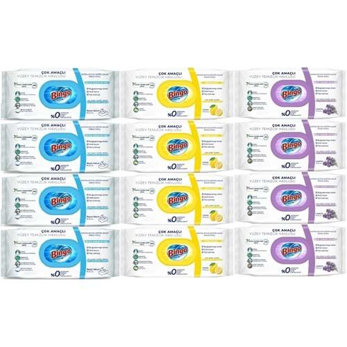 Bingo Clean Yüzey Temizlik Havlusu (Karma 12 Li Set) (Beyaz Sabun/Limon Kokulu/Lavanta Kokulu)