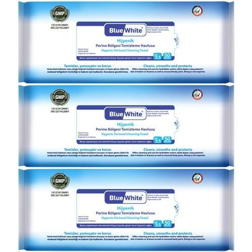 BlueWhite Yetişkin Hasta Perine Bölgesi Temizleme Mendil-Havlusu (3 lü set) 50 Yaprak Hijyenik